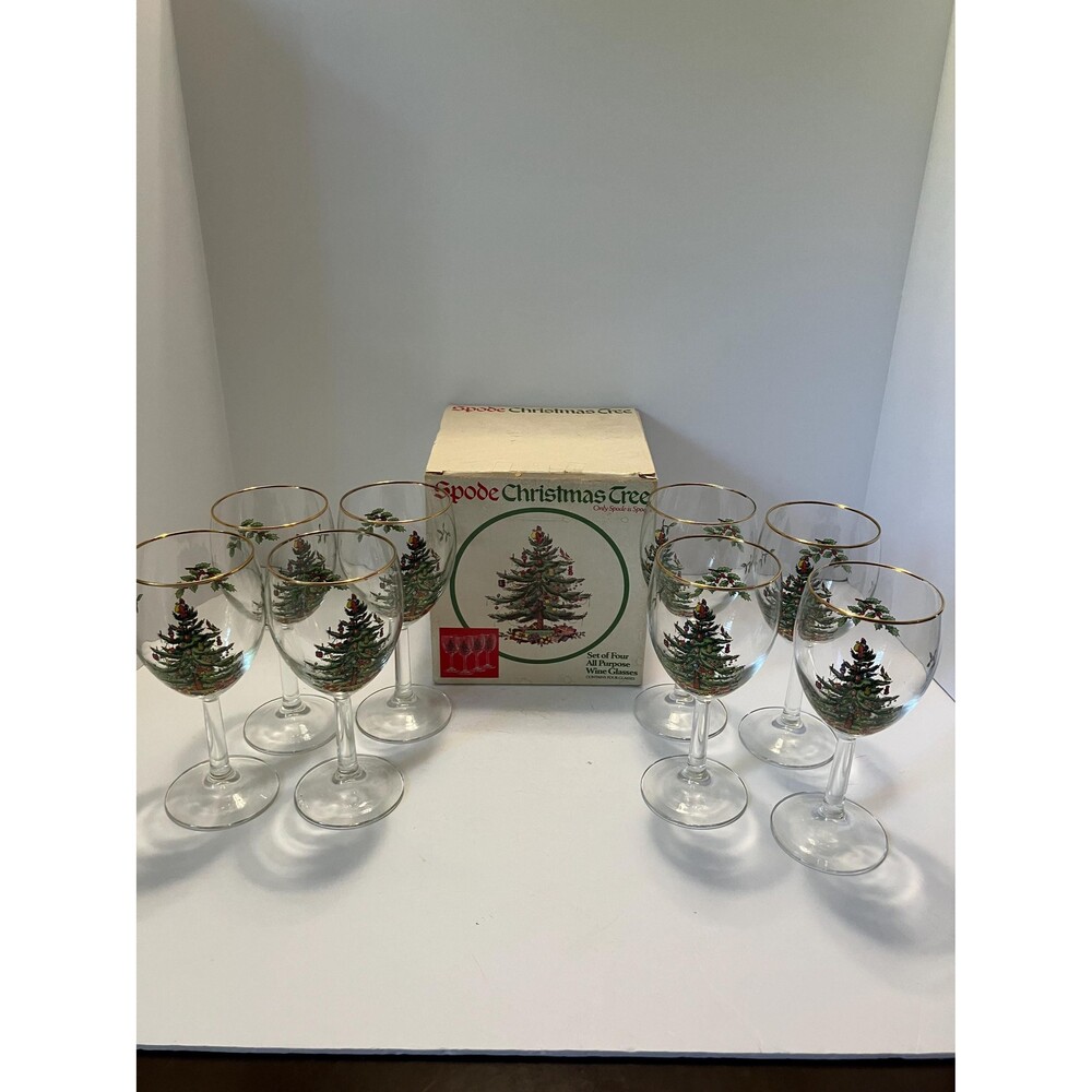 Vintage Spode Christmas Tree Wine Glasses 8 Gold Rim, 1980s Holiday Stemware